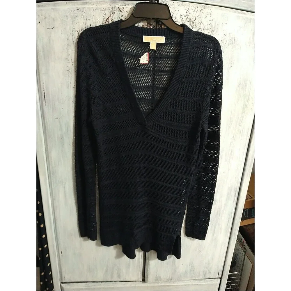 Michael Kors V-neck Netted Navy Blue Small Tunic Sweater Boho Cottage Core
